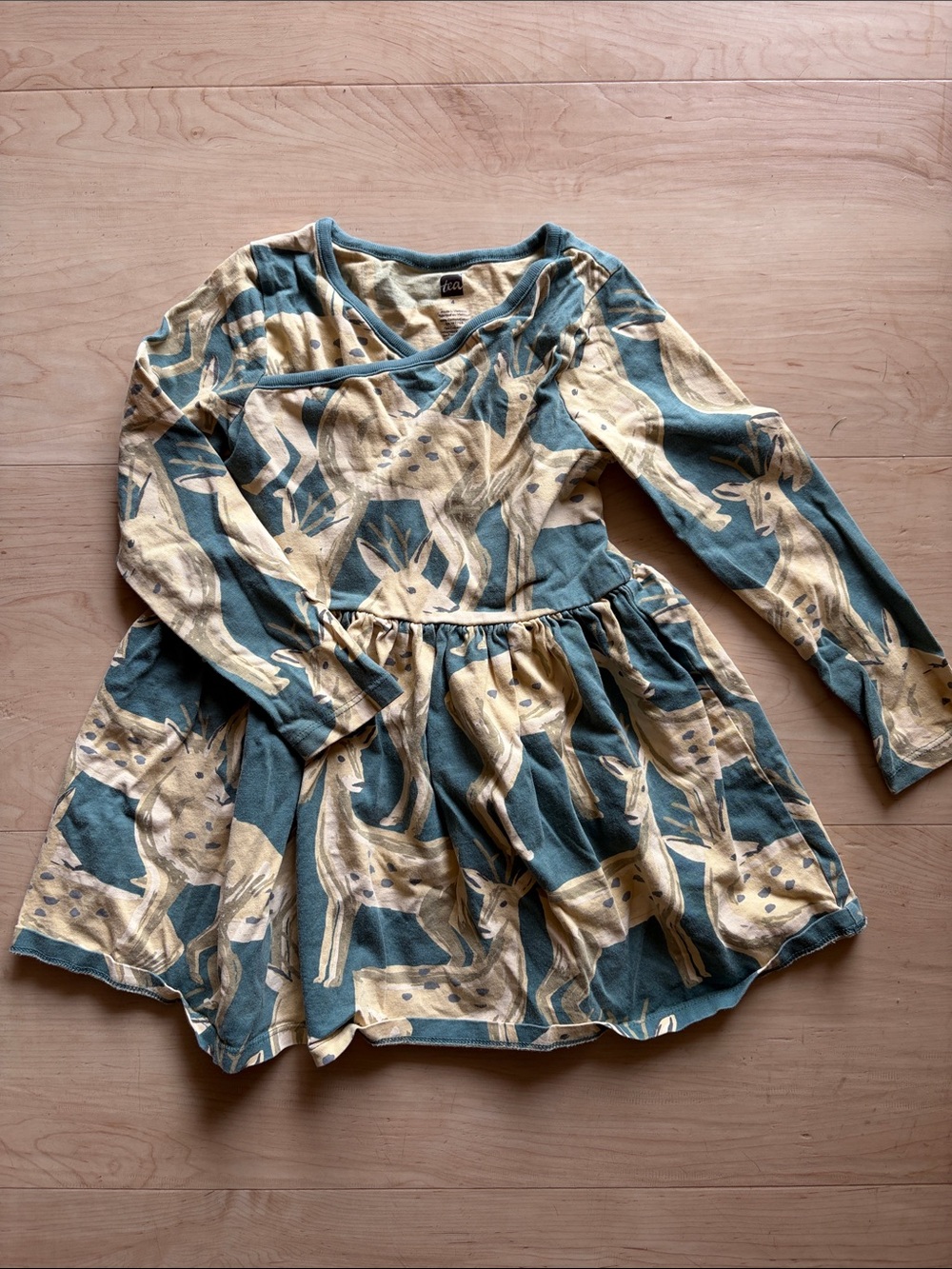 Tea Collection Teal and Cream Deer Print Long-Sleeve Dress